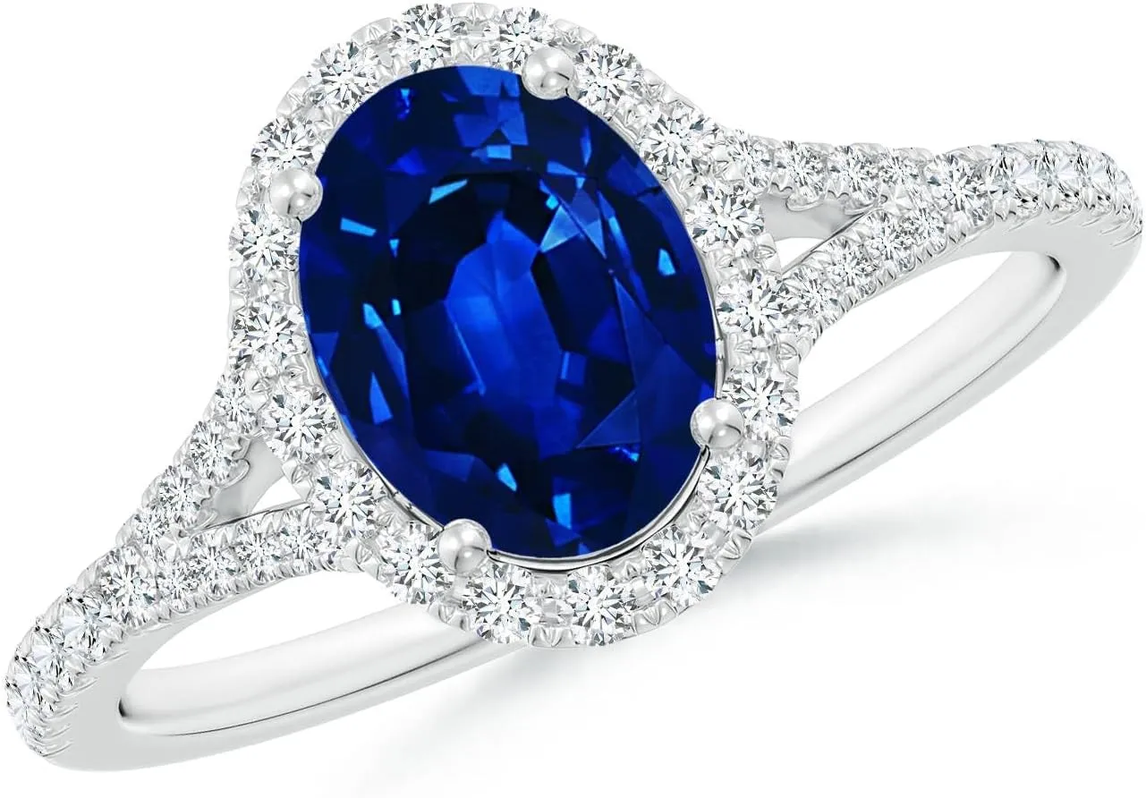 Angara Lab Grown Oval Blue Sapphire Halo Split Shank Engagement Ring in 14K Solid Gold/Platinum | September Birthstone, Birthday, Anniversary, Wedding Jewelry Gift for Women