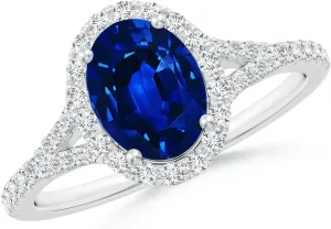 Angara Lab Grown Oval Blue Sapphire Halo Split Shank Engagement Ring in 14K Solid Gold/Platinum | September Birthstone, Birthday, Anniversary, Wedding Jewelry Gift for Women