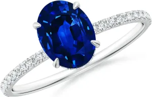 Angara Lab Grown Oval Blue Sapphire Hidden Halo Classic Engagement Ring in 14K Solid Gold/Platinum | September Birthstone, Birthday, Anniversary, Wedding Jewelry Gift for Women