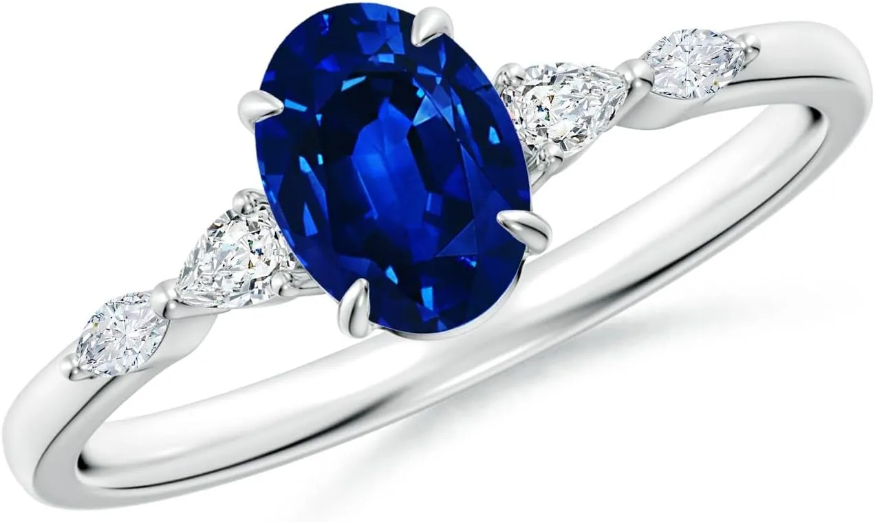 Angara Lab Grown Oval Blue Sapphire Side Stone Engagement Ring in 14K Solid Gold/Platinum | September Birthstone, Birthday, Anniversary, Wedding Jewelry Gift for Women