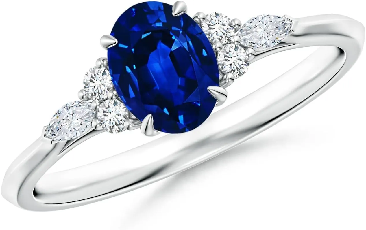 Angara Lab Grown Oval Blue Sapphire Side Stone Engagement Ring with Diamonds in 14K Solid Gold/Platinum | September Birthstone, Birthday, Anniversary, Wedding Jewelry Gift for Women