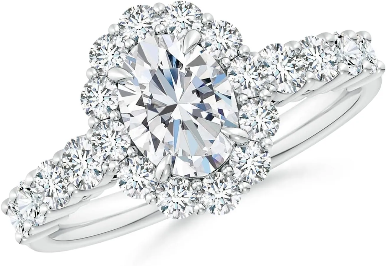 Angara Lab Grown Oval Diamond Floral Halo Engagement Ring in Silver / 14K Solid Gold/Platinum | April Birthstone, Birthday, Anniversary, Wedding Jewelry Gift for Women
