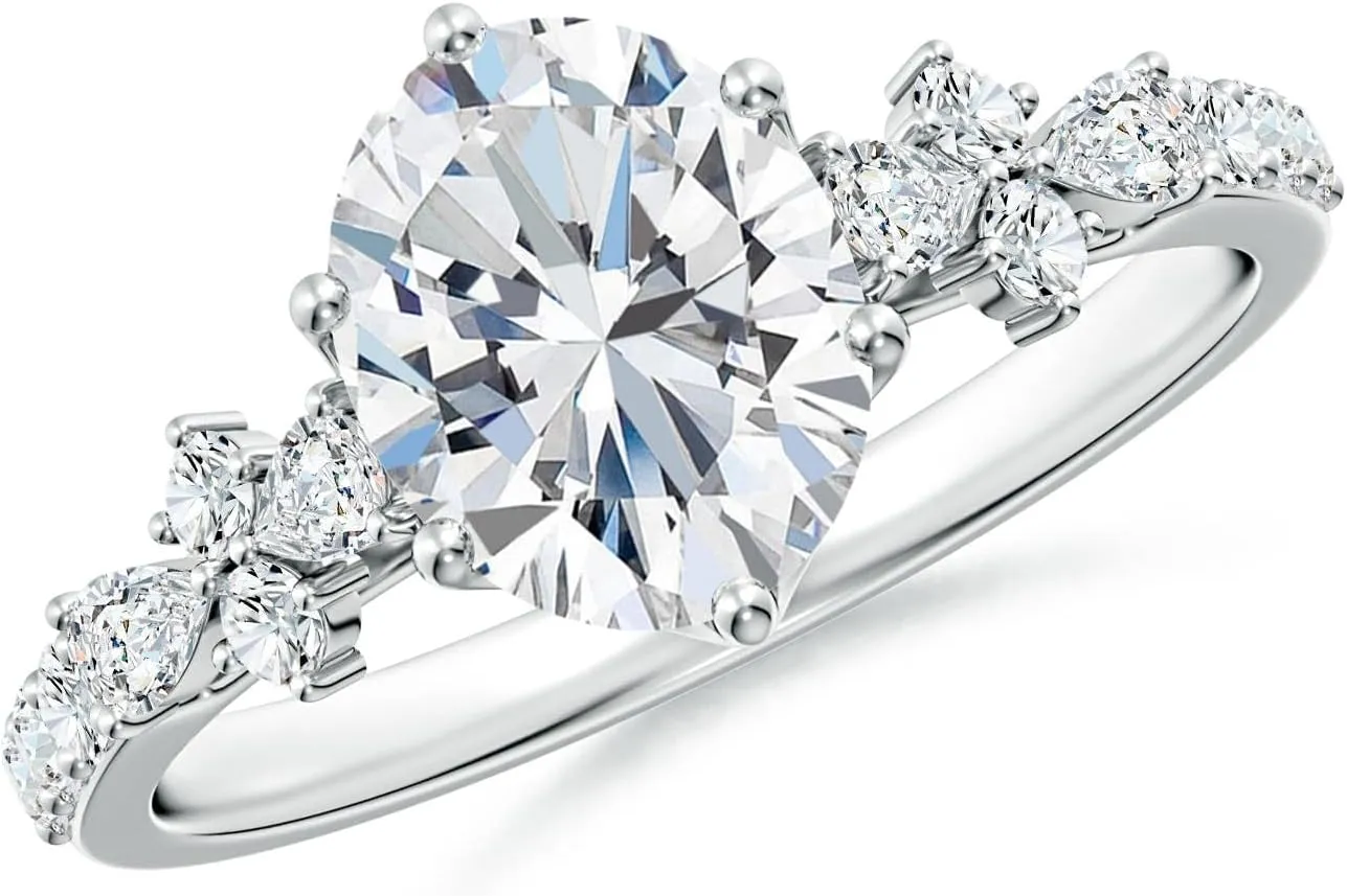 Angara Lab Grown Oval Diamond Side Stone Engagement Ring with Accents in 14K Solid Gold/Platinum | April Birthstone, Birthday, Anniversary, Wedding Jewelry Gift for Women