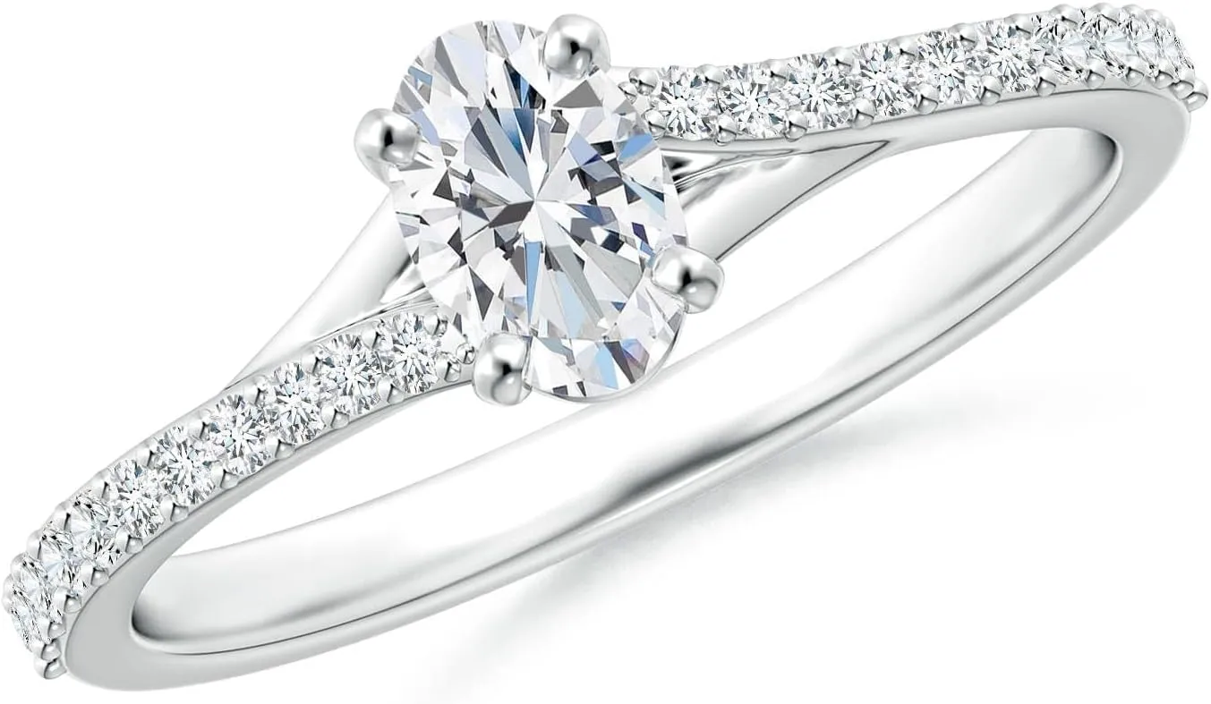 Angara Lab Grown Oval Diamond Split Shank Engagement Ring with Accents in 14K Solid Gold/Platinum | April Birthstone, Birthday, Anniversary, Wedding Jewelry Gift for Women