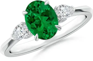Angara Lab Grown Oval Emerald and Pear Diamond Three Stone Engagement Ring in 14K Solid Gold/Platinum | May Birthstone, Birthday, Anniversary, Wedding Jewelry Gift for Women