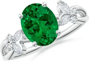 Angara Lab Grown Oval Emerald Butterfly Engagement Ring in 14K Solid Gold/Platinum | May Birthstone, Birthday, Anniversary, Wedding Jewelry Gift for Women