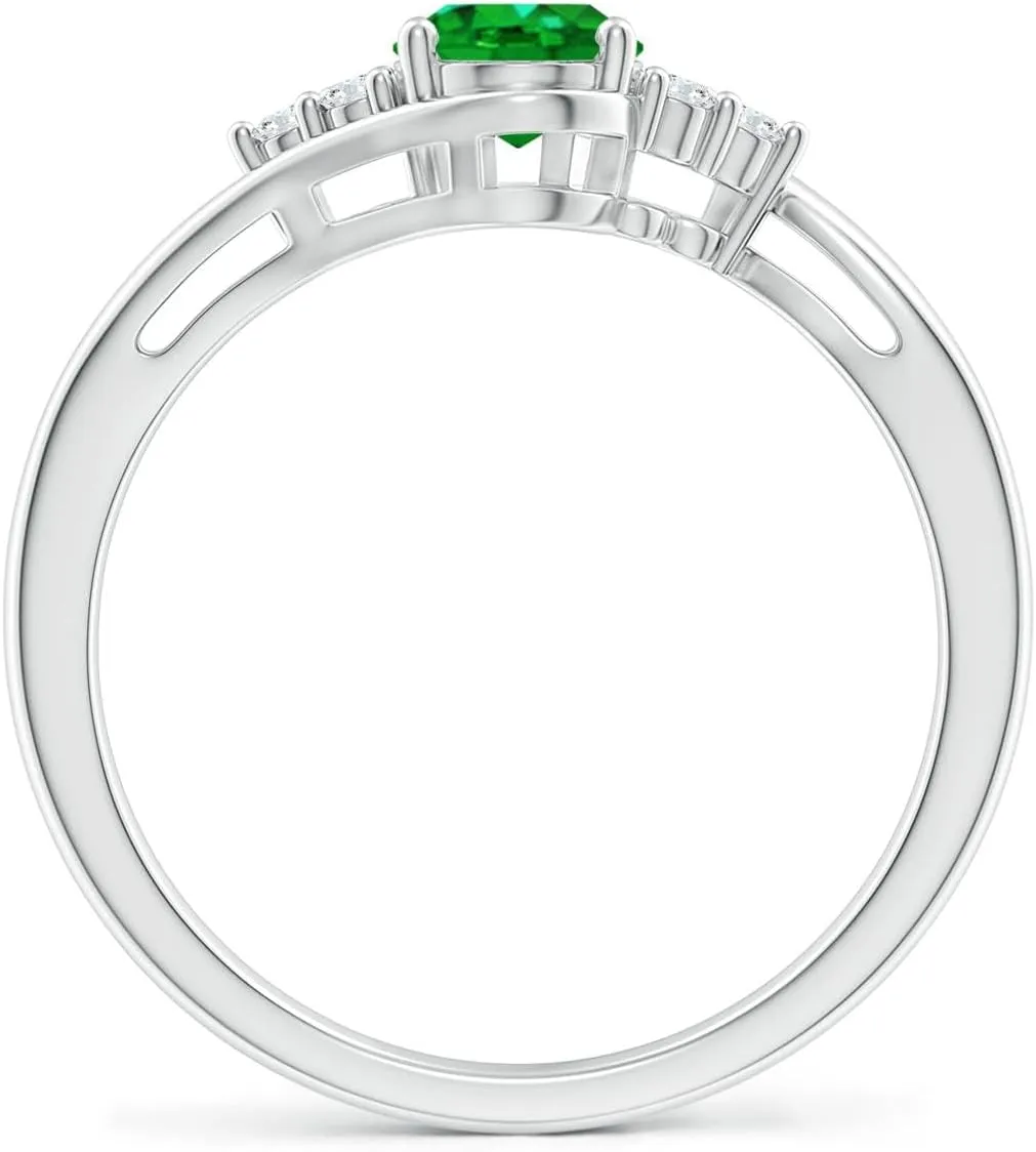 Angara Lab Grown Oval Emerald Bypass Ring with Trio Diamond Accents in 14K Solid Gold/Platinum | May Birthstone, Birthday, Engagement, Anniversary, Wedding Jewelry Gift for Women