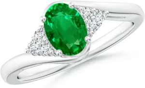 Angara Lab Grown Oval Emerald Bypass Ring with Trio Diamond Accents in 14K Solid Gold/Platinum | May Birthstone, Birthday, Engagement, Anniversary, Wedding Jewelry Gift for Women