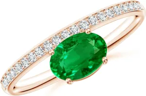 Angara Lab Grown Oval Emerald Off-Centered Solitaire Ring With Diamonds in Silver / 14K Solid Gold/Platinum | May Birthstone, Birthday, Engagement, Anniversary, Wedding Jewelry Gift for Women