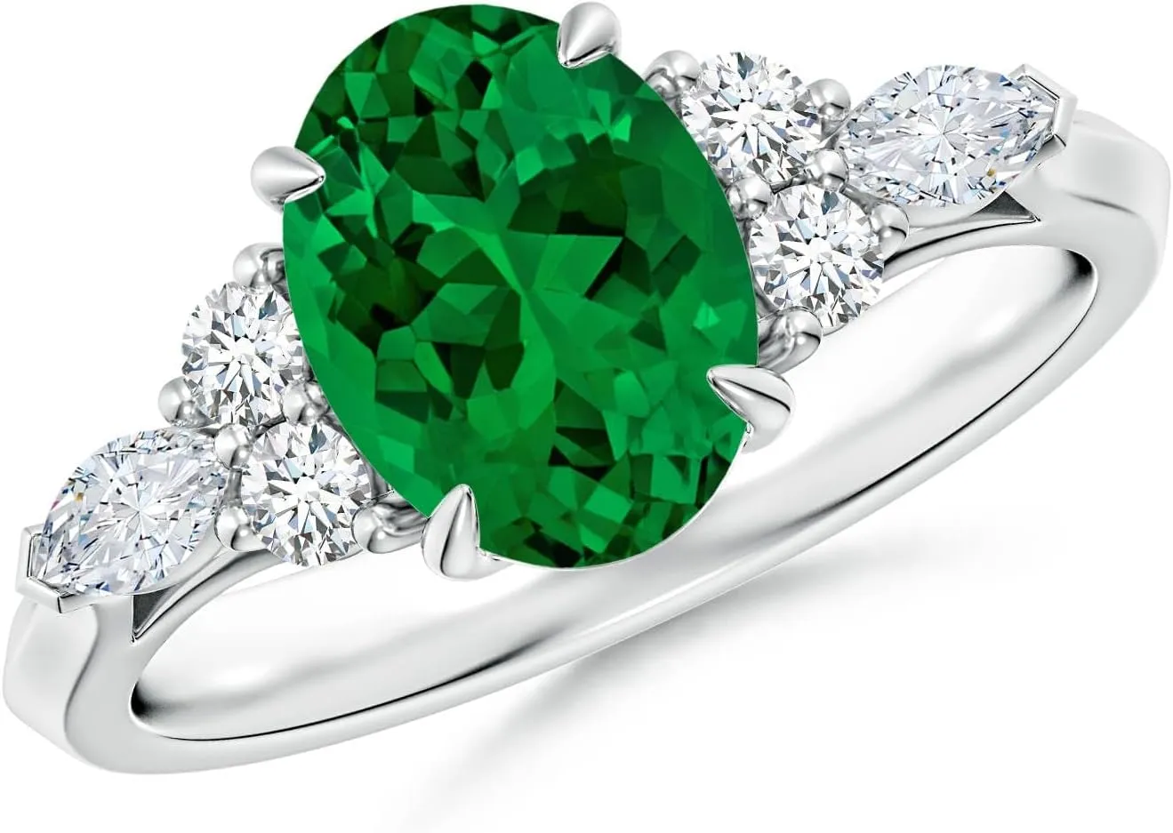 Angara Lab Grown Oval Emerald Side Stone Engagement Ring with Diamonds in 14K Solid Gold/Platinum | May Birthstone, Birthday, Anniversary, Wedding Jewelry Gift for Women