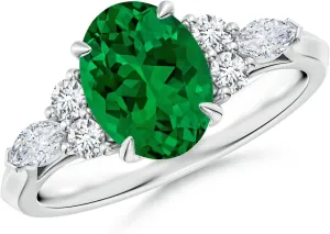 Angara Lab Grown Oval Emerald Side Stone Engagement Ring with Diamonds in 14K Solid Gold/Platinum | May Birthstone, Birthday, Anniversary, Wedding Jewelry Gift for Women