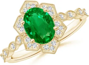 Angara Lab Grown Oval Emerald Trillium Floral Shank Ring in 14K Solid Gold | May Birthstone, Birthday, Engagement, Anniversary, Wedding Jewelry Gift for Women