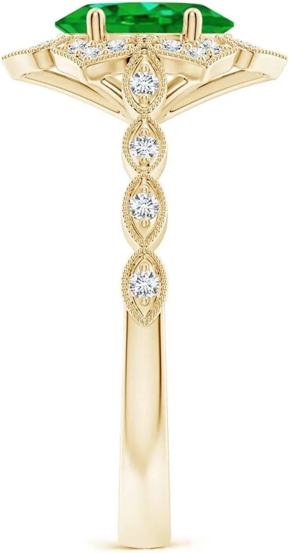 Angara Lab Grown Oval Emerald Trillium Floral Shank Ring in 14K Solid Gold | May Birthstone, Birthday, Engagement, Anniversary, Wedding Jewelry Gift for Women