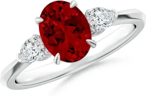 Angara Lab Grown Oval Ruby and Pear Diamond Three Stone Engagement Ring in 14K Solid Gold/Platinum | July Birthstone, Birthday, Anniversary, Wedding Jewelry Gift for Women
