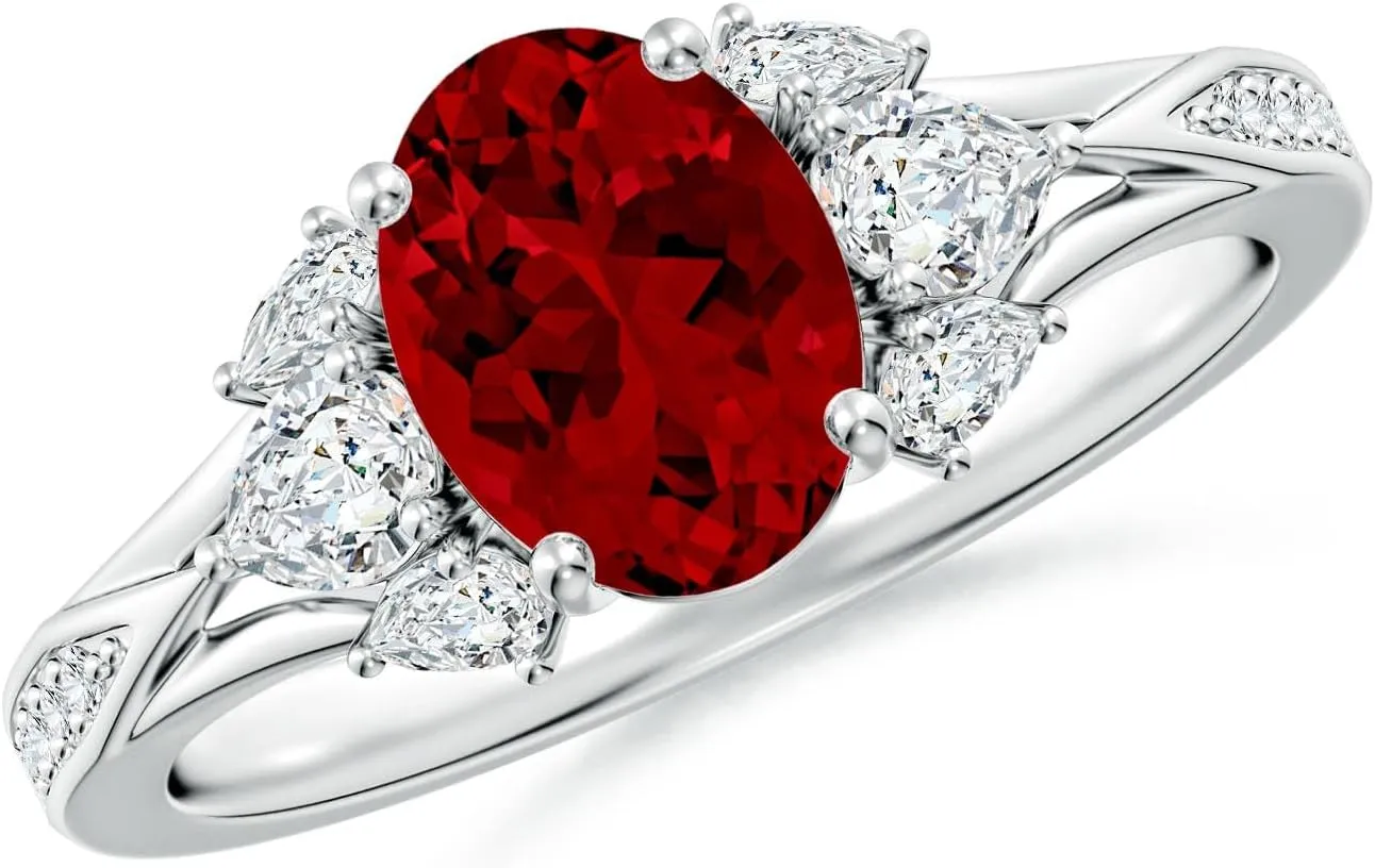 Angara Lab Grown Oval Ruby Engagement Ring with Lab Pear Diamonds in 14K Solid Gold/Platinum | July Birthstone, Birthday, Anniversary, Wedding Jewelry Gift for Women