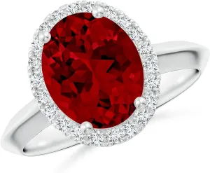 Angara Lab Grown Oval Ruby Halo Knife-Edge Shank Engagement Ring in 14K Solid Gold/Platinum | July Birthstone, Birthday, Anniversary, Wedding Jewelry Gift for Women