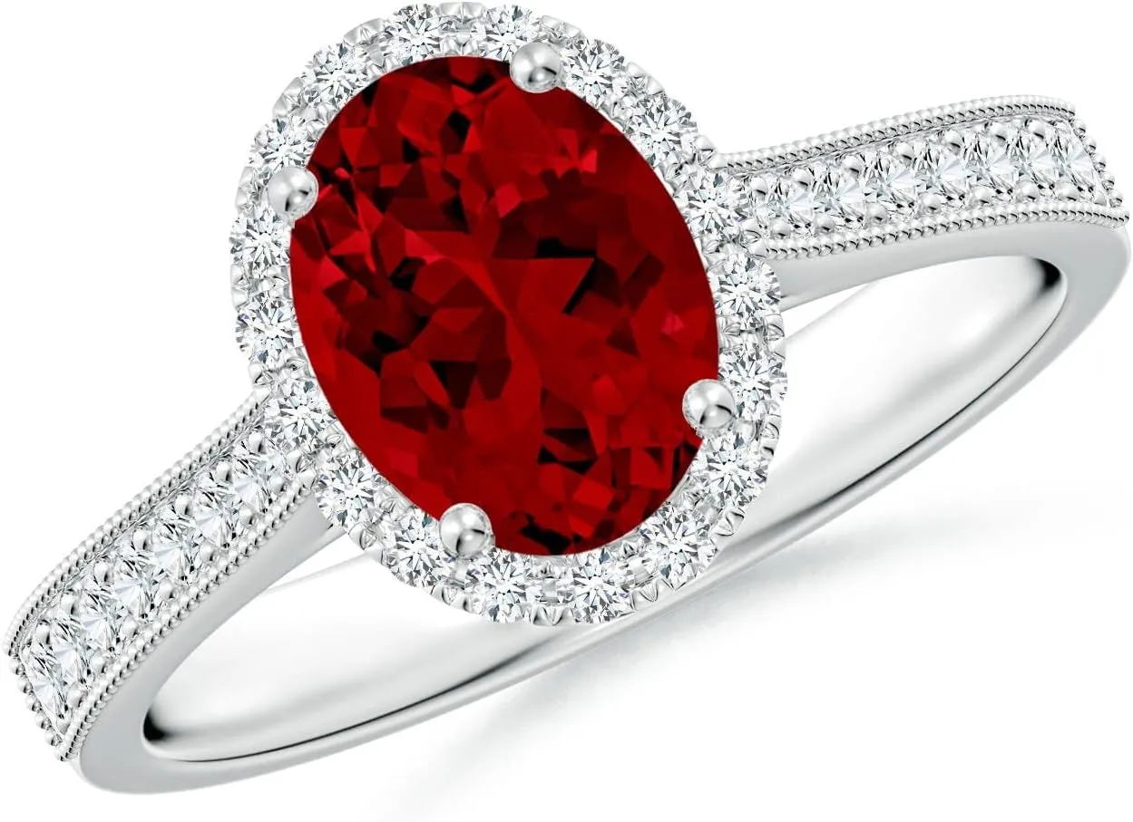Angara Lab Grown Oval Ruby Reverse Tapered Shank Halo Engagement Ring in 14K Solid Gold/Platinum | July Birthstone, Birthday, Anniversary, Wedding Jewelry Gift for Women