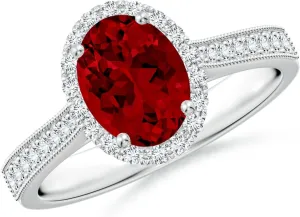 Angara Lab Grown Oval Ruby Reverse Tapered Shank Halo Engagement Ring in 14K Solid Gold/Platinum | July Birthstone, Birthday, Anniversary, Wedding Jewelry Gift for Women