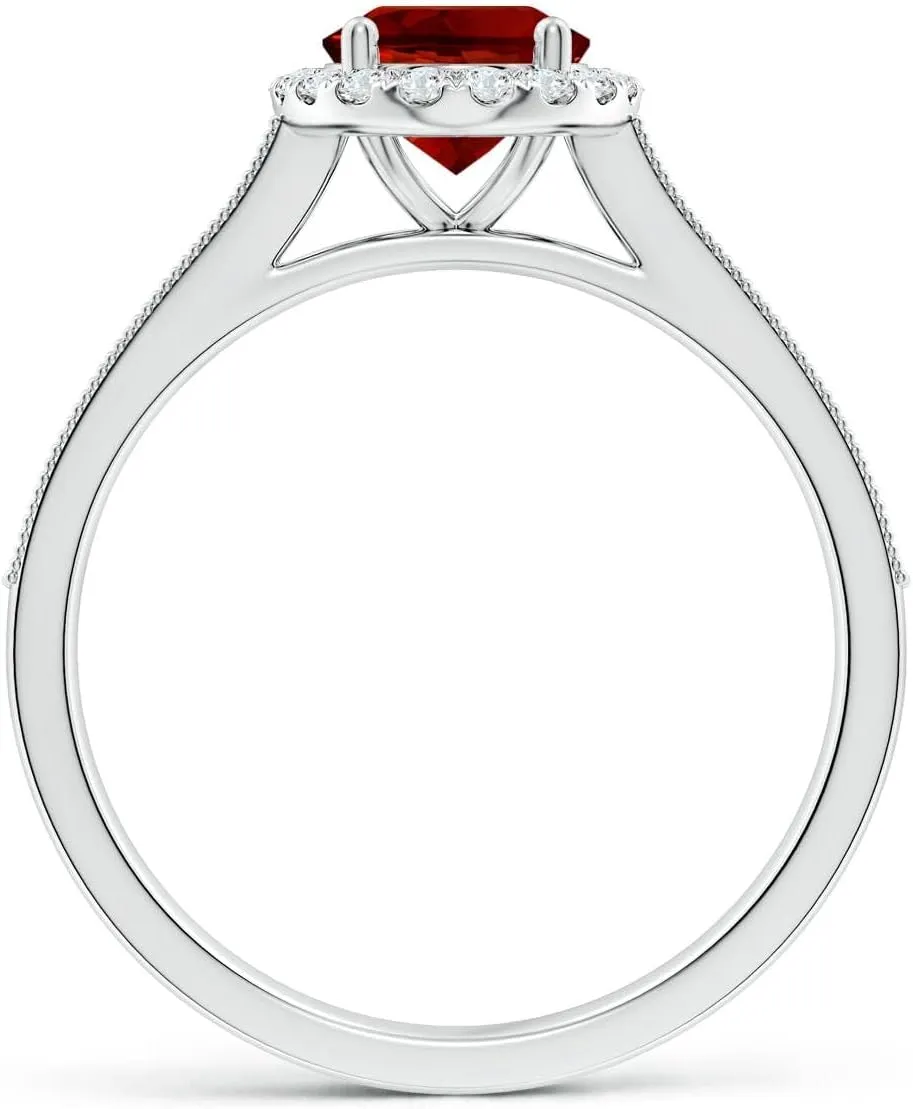 Angara Lab Grown Oval Ruby Reverse Tapered Shank Halo Engagement Ring in 14K Solid Gold/Platinum | July Birthstone, Birthday, Anniversary, Wedding Jewelry Gift for Women