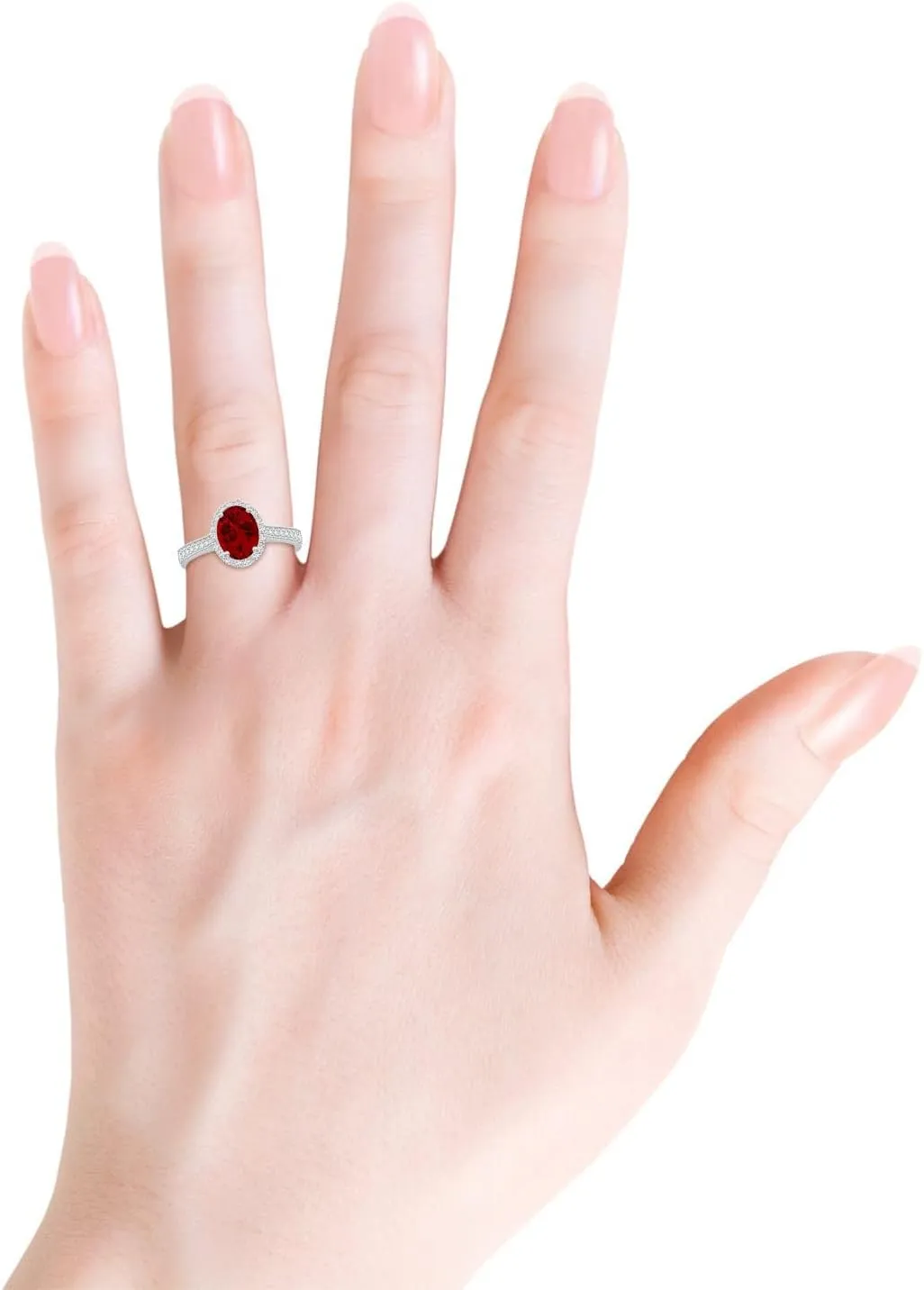 Angara Lab Grown Oval Ruby Reverse Tapered Shank Halo Engagement Ring in 14K Solid Gold/Platinum | July Birthstone, Birthday, Anniversary, Wedding Jewelry Gift for Women