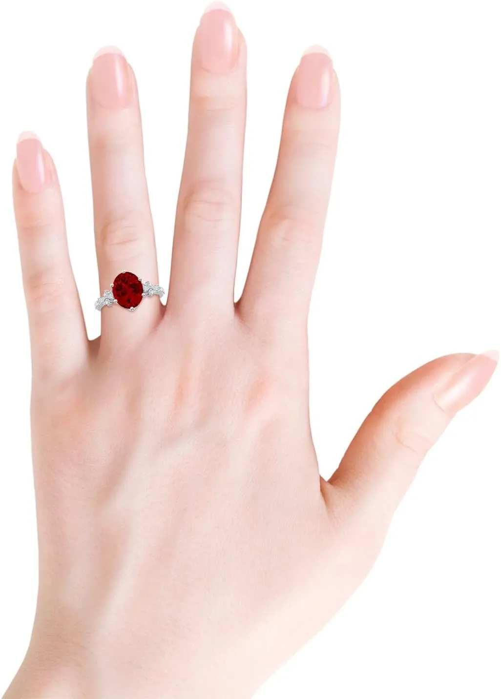 Angara Lab Grown Oval Ruby Side Stone Engagement Ring with Accents in 14K Solid Gold/Platinum | July Birthstone, Birthday, Anniversary, Wedding Jewelry Gift for Women