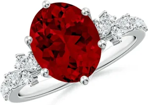 Angara Lab Grown Oval Ruby Side Stone Engagement Ring with Accents in 14K Solid Gold/Platinum | July Birthstone, Birthday, Anniversary, Wedding Jewelry Gift for Women