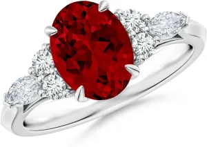 Angara Lab Grown Oval Ruby Side Stone Engagement Ring with Diamonds in 14K Solid Gold/Platinum | July Birthstone, Birthday, Anniversary, Wedding Jewelry Gift for Women