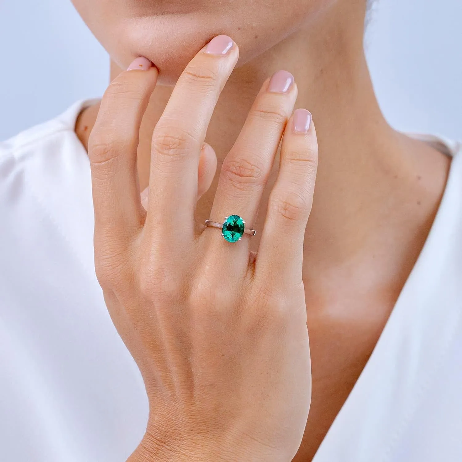 Angara Lab Grown Oval Solitaire Emerald Cocktail Ring in Silver / 14K Solid Gold/Platinum | May Birthstone, Birthday, Engagement, Anniversary, Wedding Jewelry Gift for Women