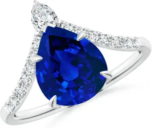 Angara Lab Grown Pear Blue Sapphire and Diamond Chevron Engagement Ring in 14K Solid Gold/Platinum | Birthday, Anniversary, Wedding Jewelry Gift for Women