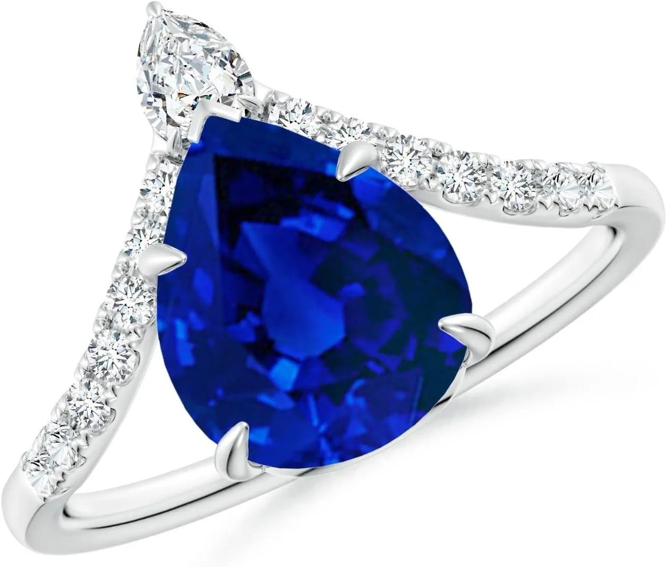 Angara Lab Grown Pear Blue Sapphire and Diamond Chevron Engagement Ring in 14K Solid Gold/Platinum | Birthday, Anniversary, Wedding Jewelry Gift for Women