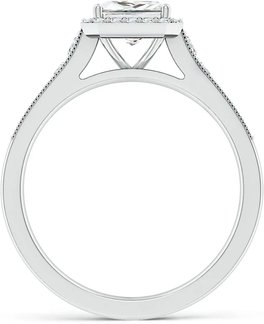 Angara Lab Grown Princess-Cut Diamond Halo Engagement Ring with Milgrain in Silver / 14K Solid Gold/Platinum | April Birthstone, Birthday, Anniversary, Wedding Jewelry Gift for Women