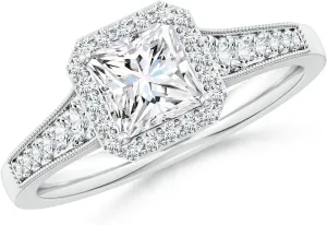 Angara Lab Grown Princess-Cut Diamond Halo Engagement Ring with Milgrain in Silver / 14K Solid Gold/Platinum | April Birthstone, Birthday, Anniversary, Wedding Jewelry Gift for Women