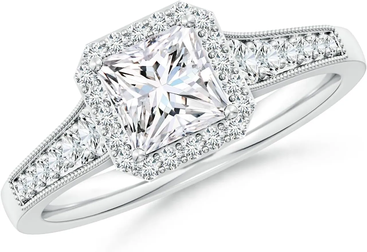 Angara Lab Grown Princess-Cut Diamond Halo Engagement Ring with Milgrain in Silver / 14K Solid Gold/Platinum | April Birthstone, Birthday, Anniversary, Wedding Jewelry Gift for Women