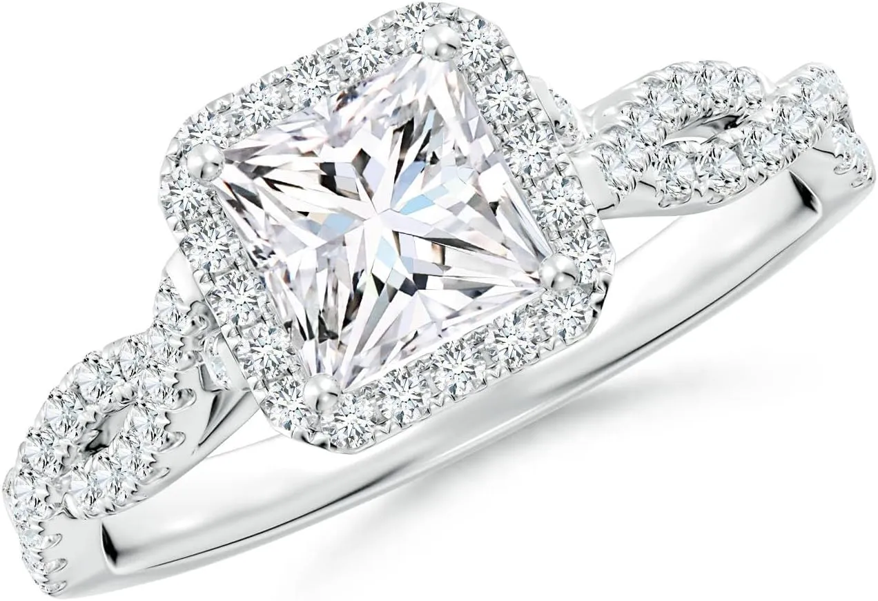 Angara Lab Grown Princess-Cut Diamond Halo Twisted Shank Engagement Ring in Silver / 14K Solid Gold/Platinum | April Birthstone, Birthday, Anniversary, Wedding Jewelry Gift for Women