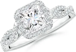 Angara Lab Grown Princess-Cut Diamond Halo Twisted Shank Engagement Ring in Silver / 14K Solid Gold/Platinum | April Birthstone, Birthday, Anniversary, Wedding Jewelry Gift for Women
