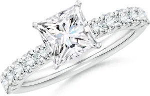 Angara Lab Grown Princess-Cut Diamond Solitaire Engagement Ring with Diamond Accents in 14K Solid Gold/Platinum | April Birthstone, Birthday, Anniversary, Wedding Jewelry Gift for Women