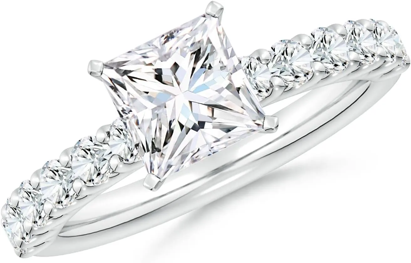 Angara Lab Grown Princess-Cut Diamond Solitaire Engagement Ring with Diamond Accents in 14K Solid Gold/Platinum | April Birthstone, Birthday, Anniversary, Wedding Jewelry Gift for Women