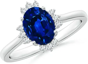 Angara Lab Grown Prong-Set Oval Blue Sapphire Halo Engagement Ring in 14K Solid Gold/Platinum | September Birthstone, Birthday, Anniversary, Wedding Jewelry Gift for Women