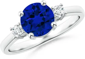 Angara Lab Grown Prong-Set Round 3 Stone Blue Sapphire and Lab Diamond Ring in Silver / 14K Solid Gold/Platinum | Birthday, Engagement, Anniversary, Wedding Jewelry Gift for Women