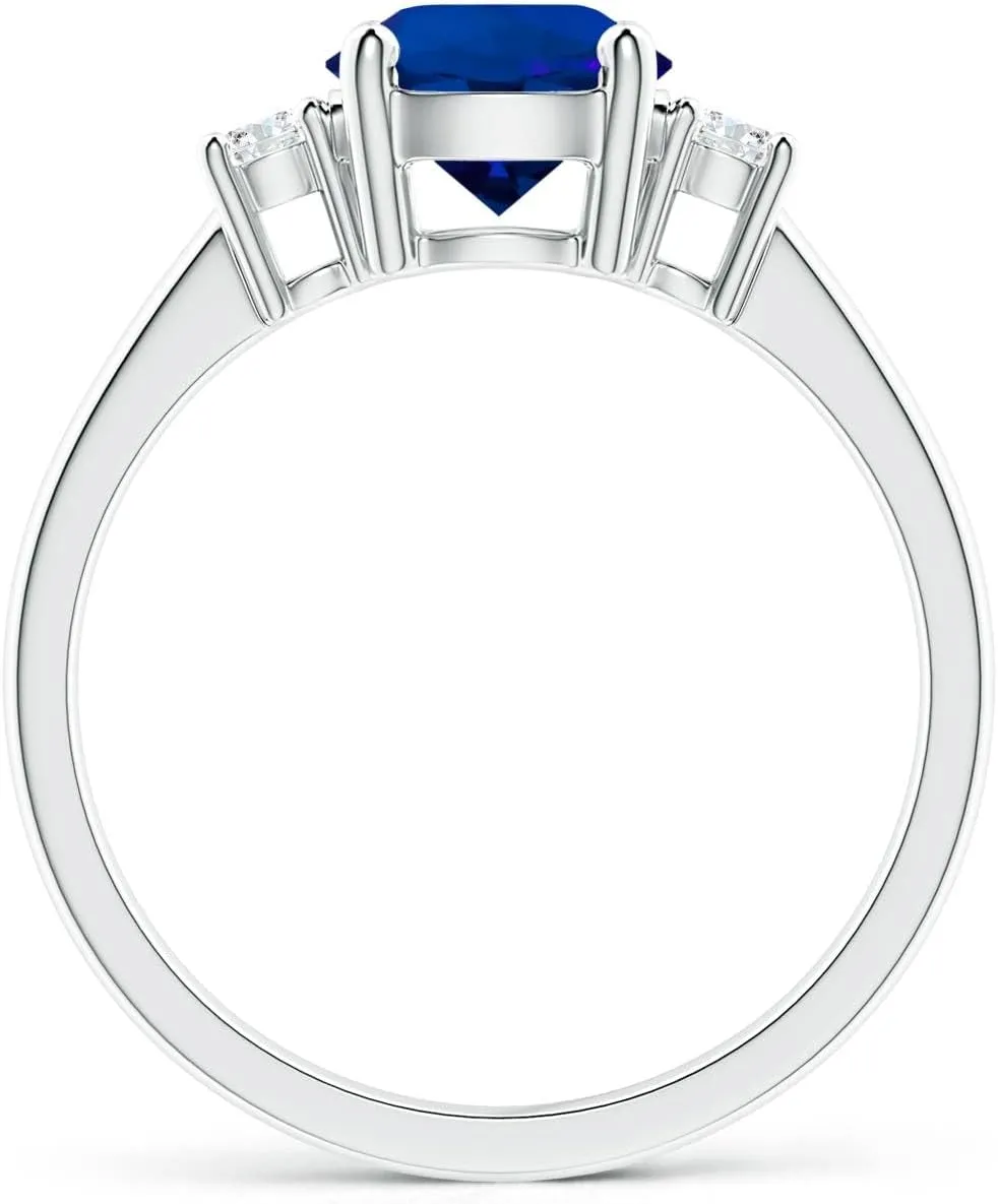 Angara Lab Grown Prong-Set Round 3 Stone Blue Sapphire and Lab Diamond Ring in Silver / 14K Solid Gold/Platinum | Birthday, Engagement, Anniversary, Wedding Jewelry Gift for Women