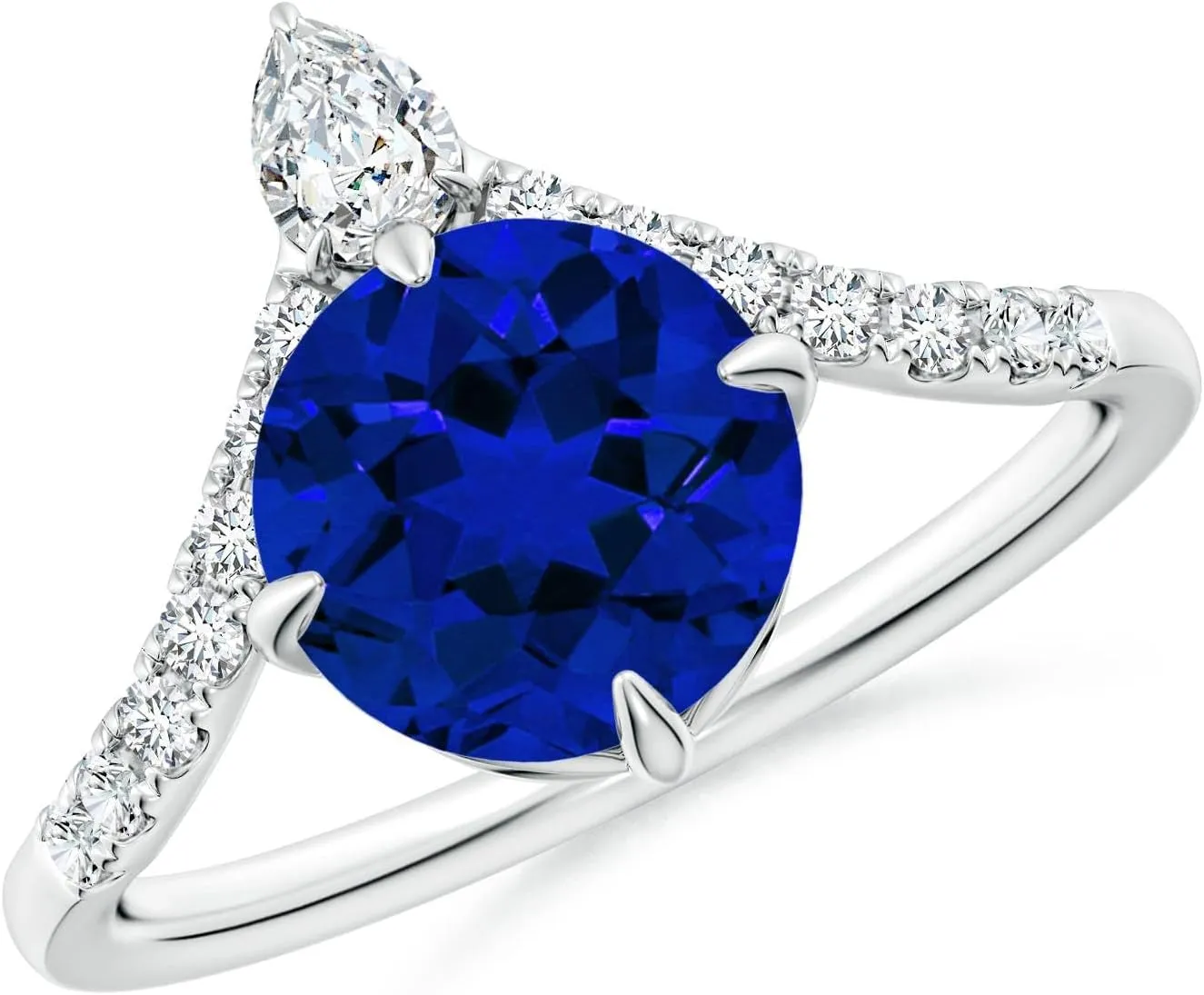 Angara Lab Grown Round Blue Sapphire and Diamond Chevron Engagement Ring in 14K Solid Gold/Platinum | Birthday, Anniversary, Wedding Jewelry Gift for Women