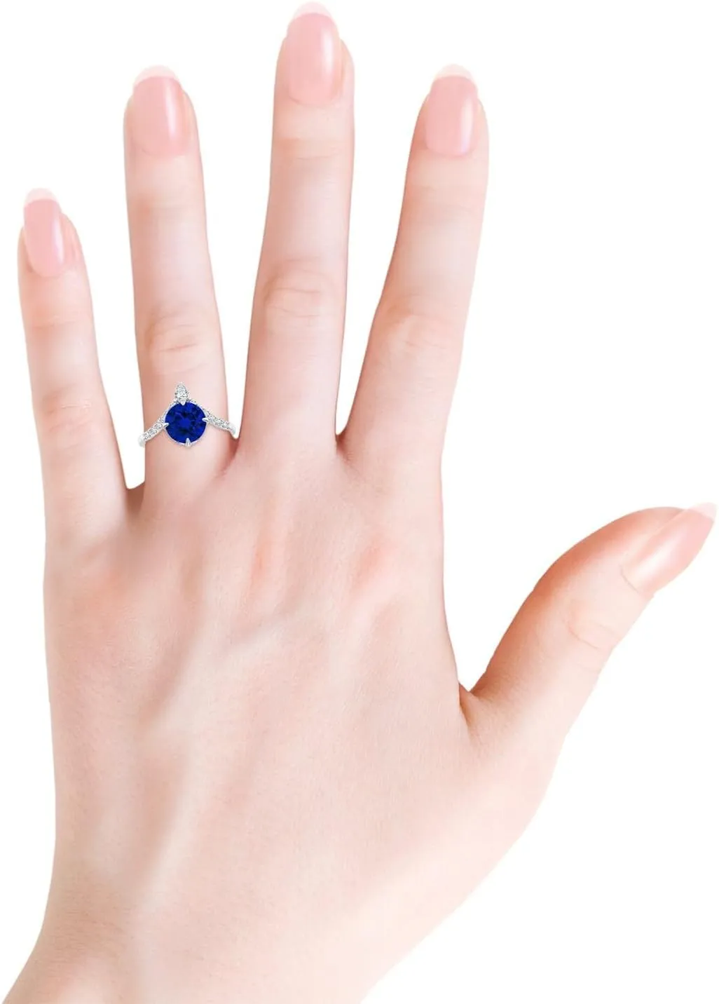 Angara Lab Grown Round Blue Sapphire and Diamond Chevron Engagement Ring in 14K Solid Gold/Platinum | Birthday, Anniversary, Wedding Jewelry Gift for Women