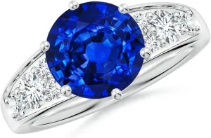 Angara Lab Grown Round Blue Sapphire Engagement Ring with Lab Diamonds in Silver / 14K Solid Gold/Platinum | September Birthstone, Birthday, Anniversary, Wedding Jewelry Gift for Women