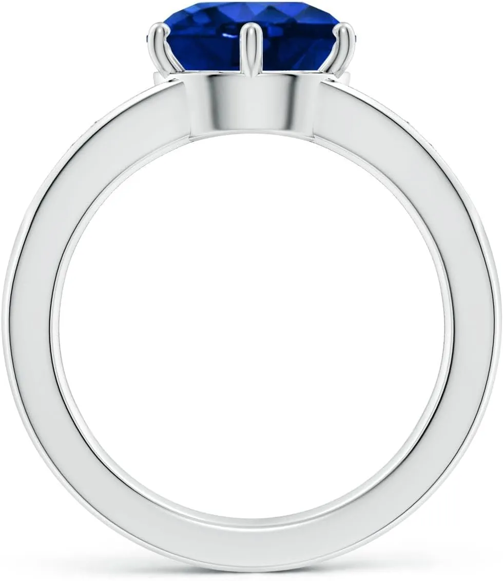 Angara Lab Grown Round Blue Sapphire Engagement Ring with Lab Diamonds in Silver / 14K Solid Gold/Platinum | September Birthstone, Birthday, Anniversary, Wedding Jewelry Gift for Women