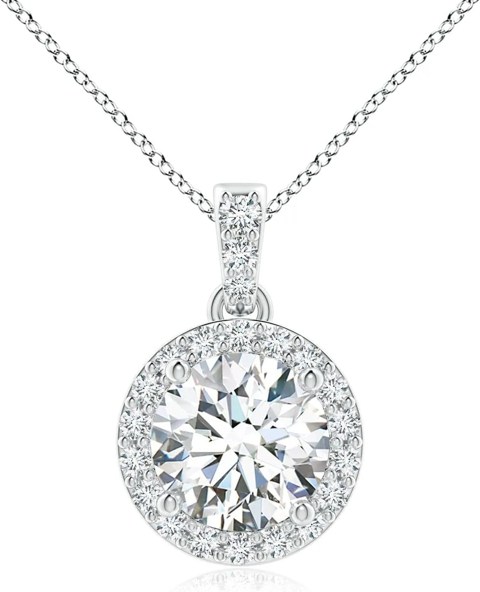 Angara Lab Grown Round Diamond Dangle Pendant with Halo in Silver / 14K Solid Gold/Platinum | April Birthstone, Birthday, Engagement, Anniversary, Wedding Jewelry Gift for Women