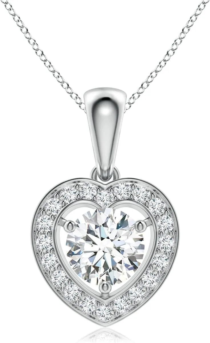 Angara Lab Grown Round Diamond Pendant with Heart-Shaped Halo in 14K Solid Gold/Platinum | April Birthstone, Birthday, Engagement, Anniversary, Wedding Jewelry Gift for Women