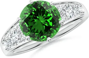 Angara Lab Grown Round Emerald Engagement Ring with Lab Diamonds in Silver / 14K Solid Gold/Platinum | May Birthstone, Birthday, Anniversary, Wedding Jewelry Gift for Women
