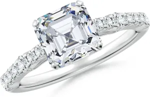 Angara Lab Grown Solitaire Asscher-Cut Diamond Station Engagement Ring in Silver / 14K Solid Gold/Platinum | April Birthstone, Birthday, Anniversary, Wedding Jewelry Gift for Women