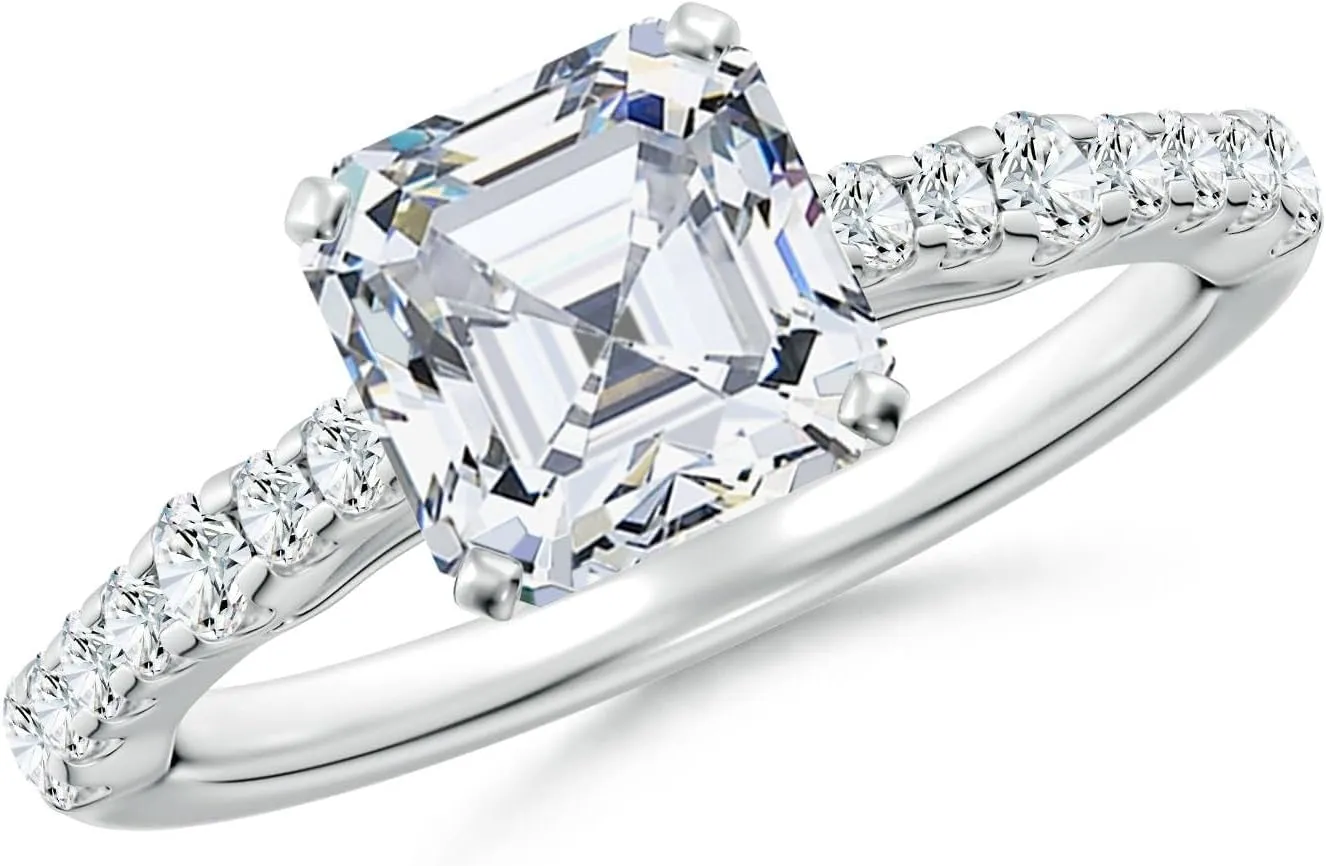 Angara Lab Grown Solitaire Asscher-Cut Diamond Station Engagement Ring in Silver / 14K Solid Gold/Platinum | April Birthstone, Birthday, Anniversary, Wedding Jewelry Gift for Women
