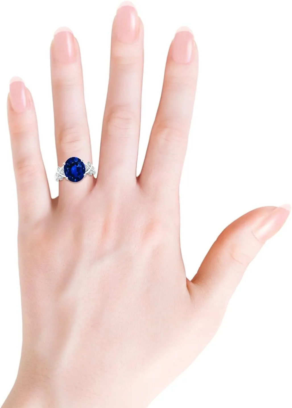 Angara Lab Grown Solitaire Oval Blue Sapphire Criss Cross Ring with Diamonds in Silver / 14K Solid Gold/Platinum | September Birthstone, Birthday, Engagement, Anniversary Jewelry Gift for Women